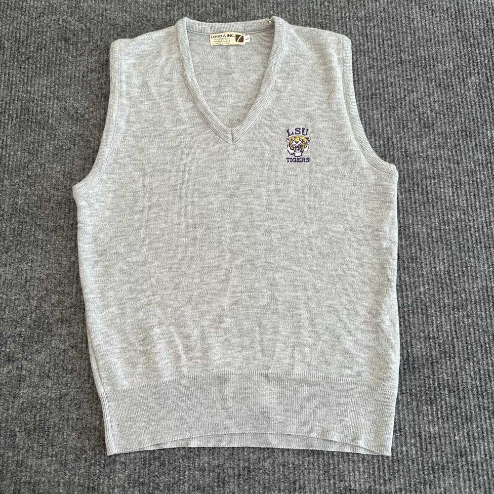 vintage grey LSU TIGERS knit V-neck sweater vest from Logo 7, Inc. Preppy Style